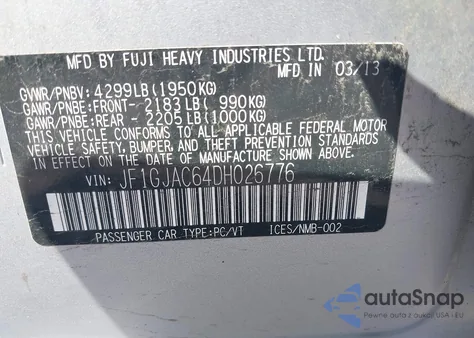 2013 Subaru Impreza 2.0I Premium z USA, uszkodzony, nr VIN JF1GJAC64DH026776